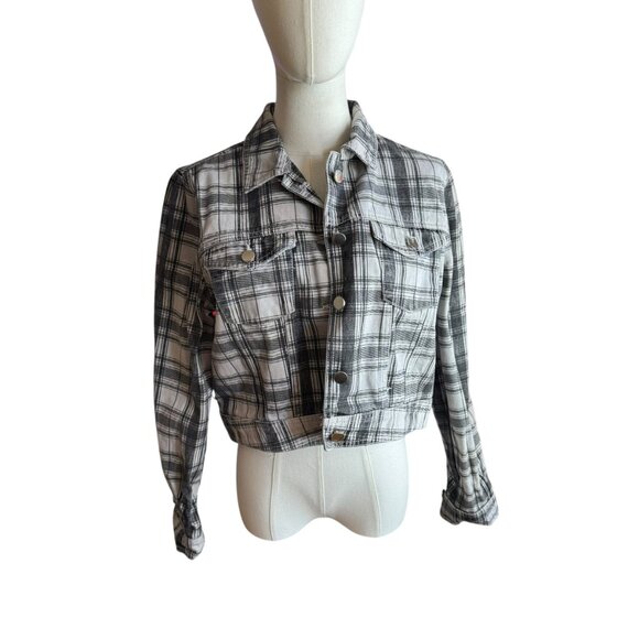 ASOS Black & White Plaid Denim Jacket Size US 8 / UK 12 | Cropped Button Front - Picture 2 of 7